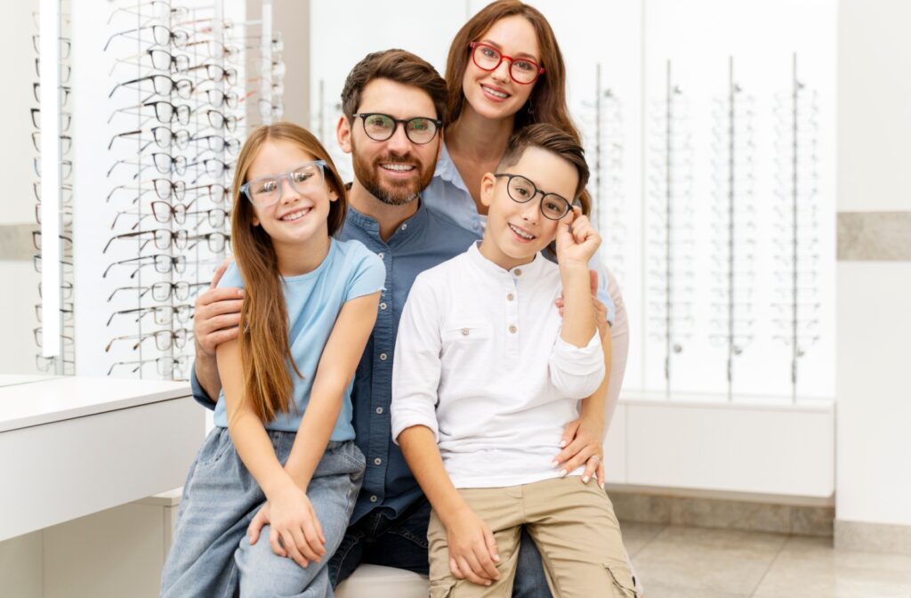 A family of four wearing corrective glasses in an optical store.