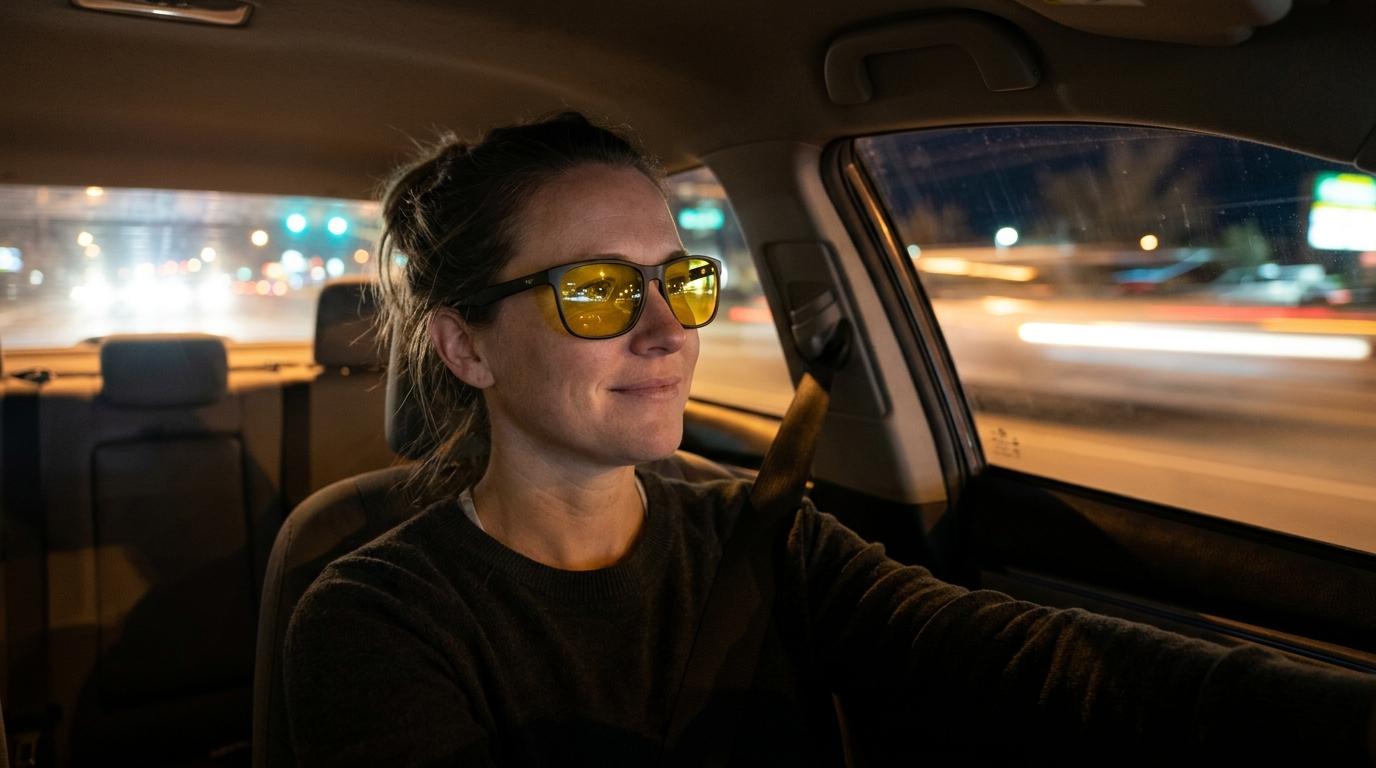 A person driving while wearing yellow tinted night driving glasses.