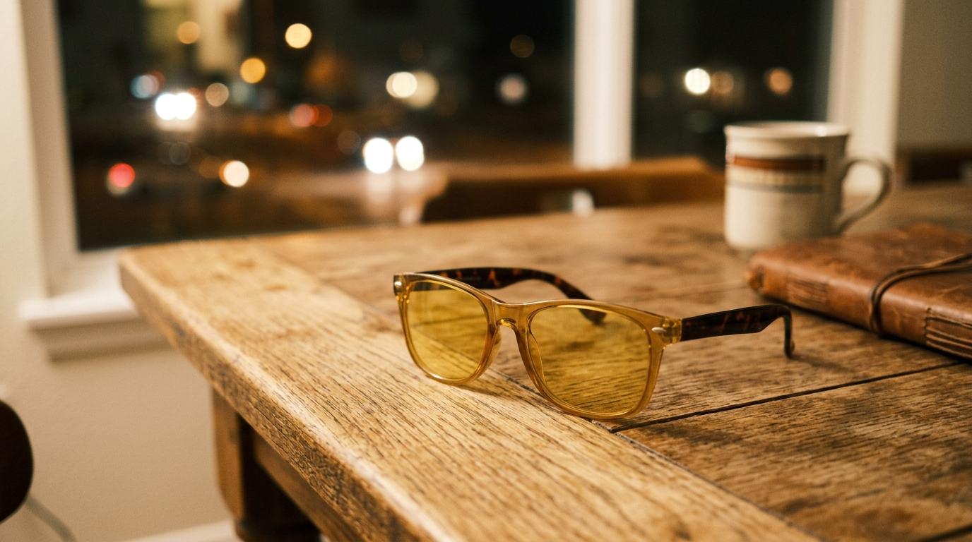 Yellow-tinted driving glasses resting on a table.