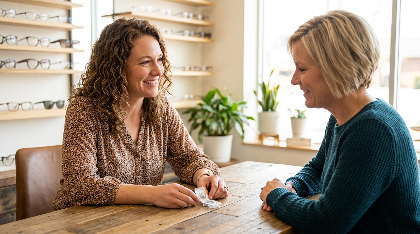 An optician showing contact lens to a patient