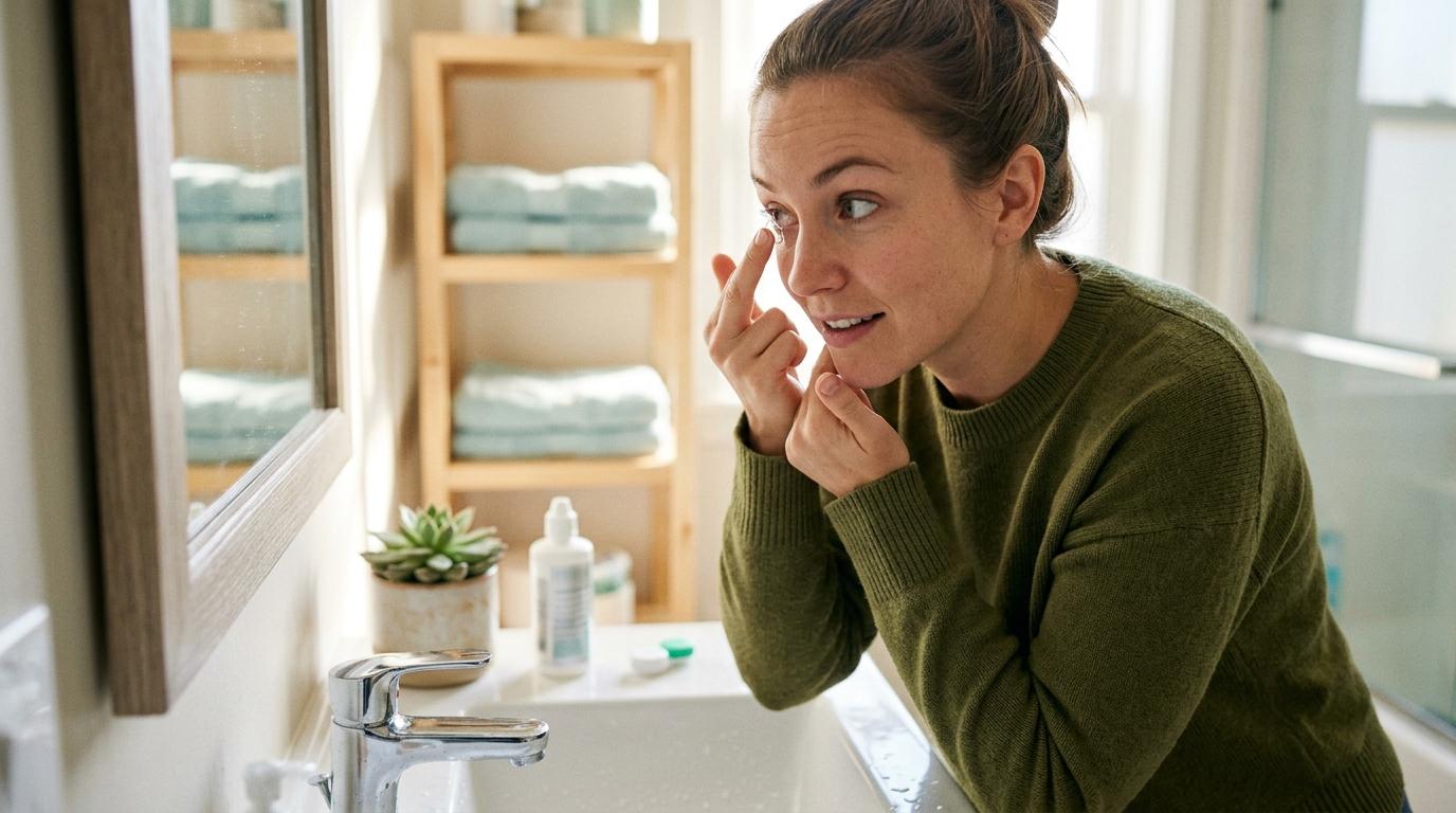 Person carefully inserting a contact lens into their eye