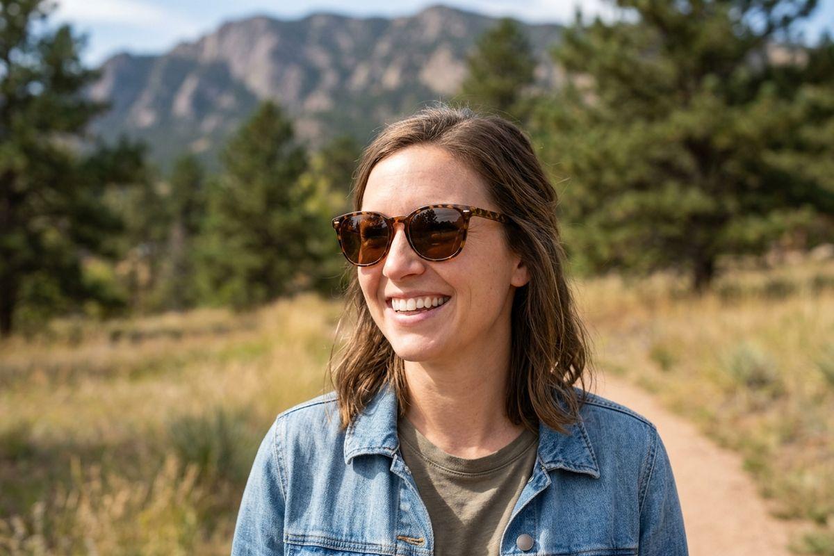 Person in sunglasses and denim jacket smiling on a dirt trail, with pine trees and mountains behind them.