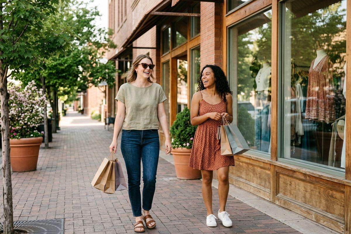 Two people walking and laughing on a sidewalk, carrying shopping bags past storefronts.