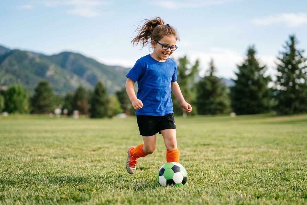 Smiling child in glasses runs to kick a soccer ball on a grassy field with mountains and trees behind.