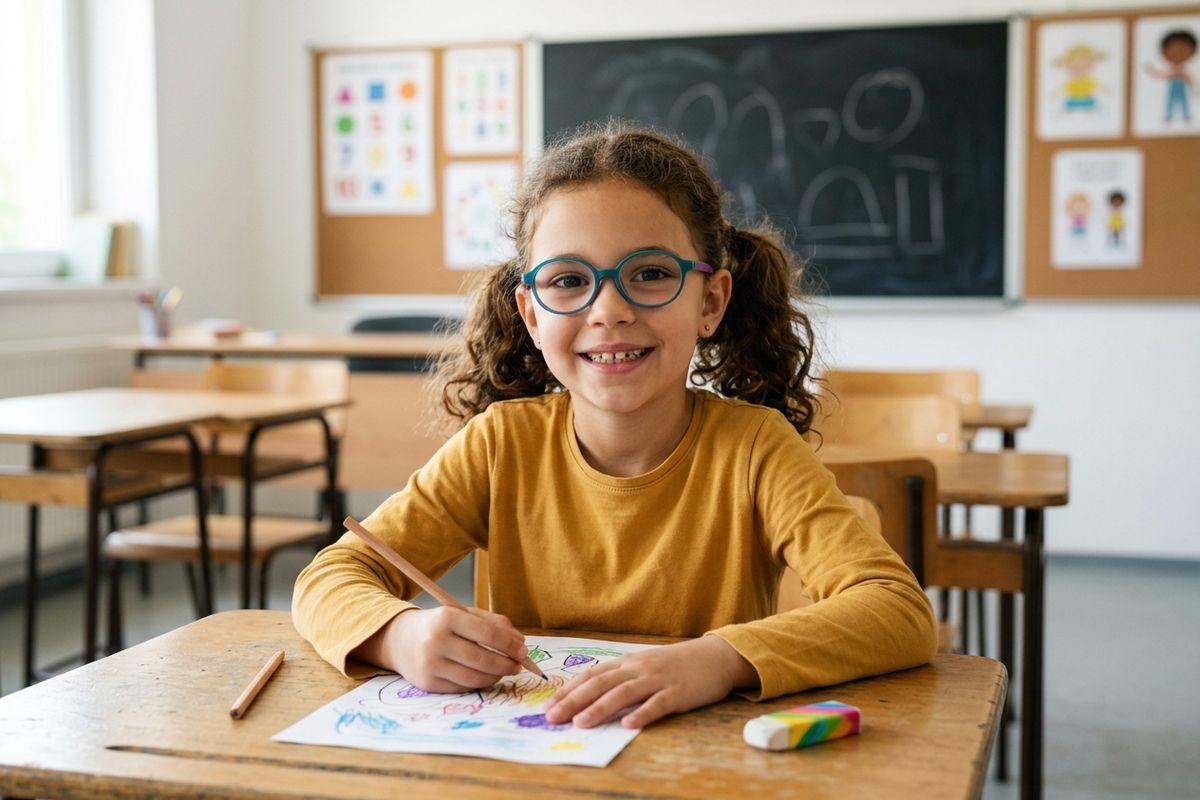 Smiling child with glasses coloring at a classroom desk, holding a pencil over a drawing.