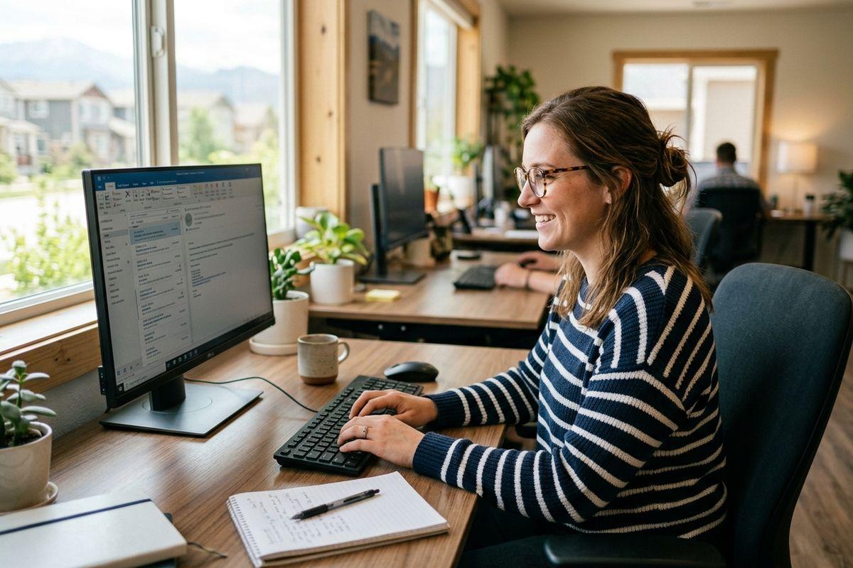 Person in striped sweater and glasses smiling while typing at a desktop computer near a window in an office.