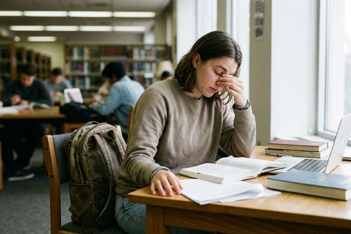Person rubbing eyes at a library table with open books, papers, and a laptop, others studying behind.